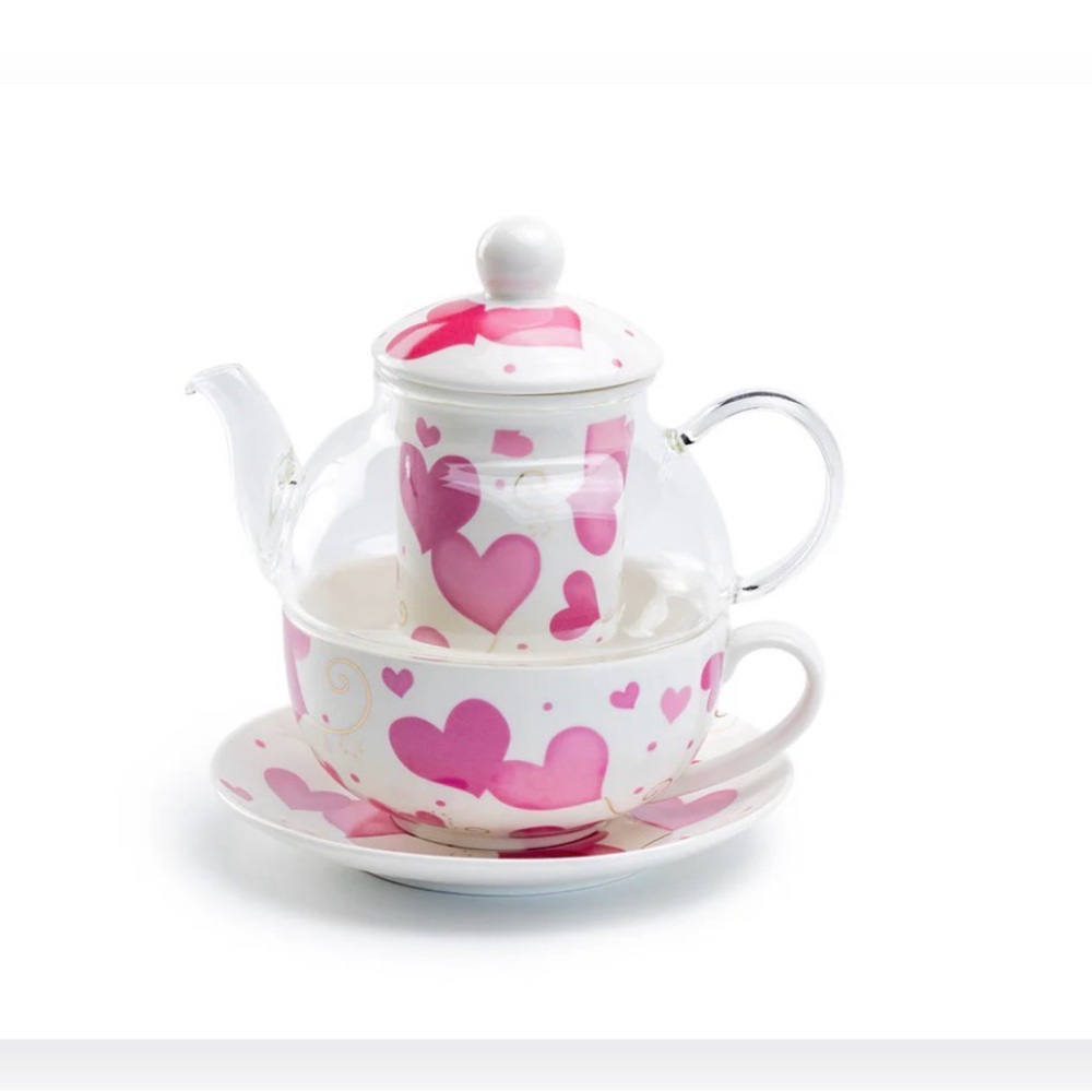 Grace’s Teaware Pink Hearts Glass and Fine Porcelain Tea For One Set